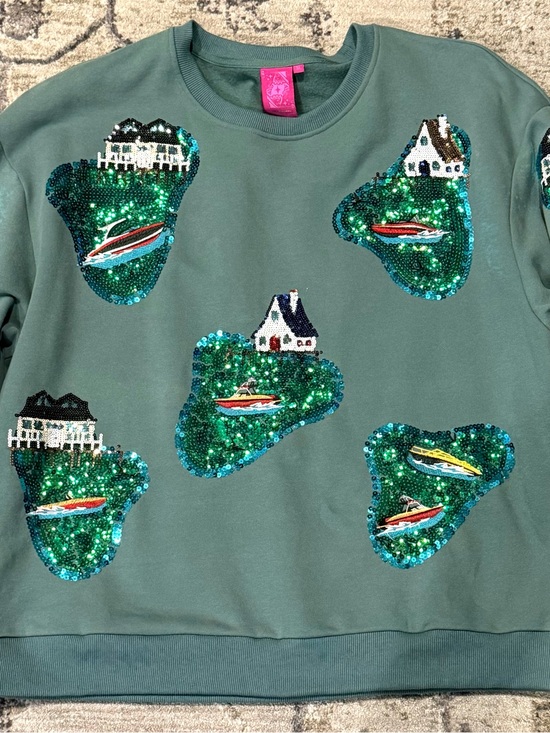 QUEEN OF SPARKLES Tops - QUEEN OF SPARKLES Green Sequin Lake House & Boat Sweatshirt